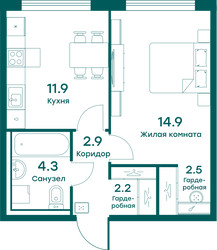 Планировка однокомнатной(квартира) площадью 38.7 квадратных метров в ЖК “ЖК Равновесие”