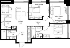 Планировка трехкомнатной(квартира) площадью 79.22 квадратных метров в “ЖК Сити Бэй”
