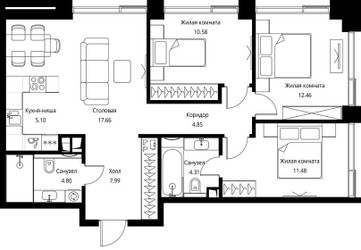 Планировка трехкомнатной(квартира) площадью 79.22 квадратных метров в ЖК “ЖК Сити Бэй”