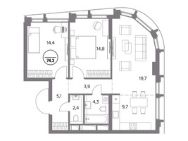 Планировка двухкомнатной(квартира) площадью 74.3 квадратных метров в “ЖК Дом 56”