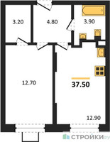 Планировка однокомнатной(квартира) площадью 37.5 квадратных метров в “ЖК Видный берег 2”