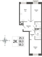 Планировка двухкомнатной(квартира) площадью 58 квадратных метров в “ЖК КИНОКВАРТАЛ”