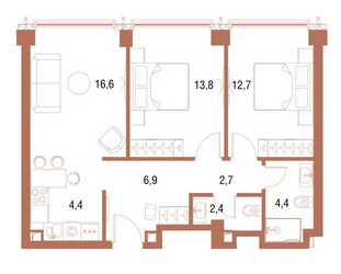 Планировка двухкомнатной(квартира) площадью 63.2 квадратных метров в ЖК “ЖК Симфония 34”