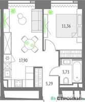 Планировка однокомнатной(квартира) площадью 38.28 квадратных метров в “ЖК Upside Towers (Апсайд Тауэрс)”