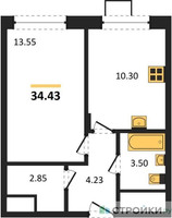 Планировка однокомнатной(квартира) площадью 34.43 квадратных метров в “ЖК Новоград Павлино”