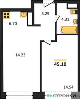 Планировка однокомнатной(квартира) площадью 45.1 квадратных метров в “ЖК Собрание клубных домов West Garden (Вест Гарден)”