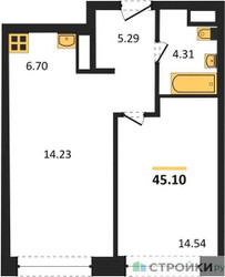 Планировка однокомнатной(квартира) площадью 45.1 квадратных метров в ЖК “ЖК Собрание клубных домов West Garden (Вест Гарден)”