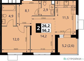 Планировка однокомнатной(квартира) площадью 56.2 квадратных метров в “ЖК 1-й Измайловский (Первый Измайловский)”