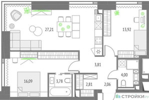 Планировка двухкомнатной(квартира) площадью 73.68 квадратных метров в “ЖК Upside Towers (Апсайд Тауэрс)”