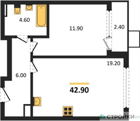 Планировка однокомнатной(квартира) площадью 42.9 квадратных метров в ЖК “ЖК Деснаречье”