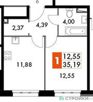 Планировка однокомнатной(апартаменты) площадью 35.19 квадратных метров в “ЖК Движение. Говорово”