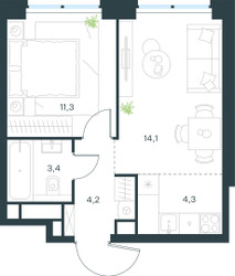 Планировка двухкомнатной(квартира) площадью 37.3 квадратных метров в ЖК “ЖК Левел Звенигородская”