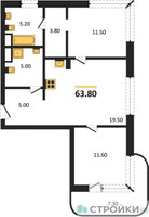 Планировка двухкомнатной(квартира) площадью 63.8 квадратных метров в “Кутузов Сити”