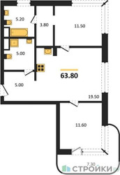 Планировка двухкомнатной(квартира) площадью 63.8 квадратных метров в ЖК “Кутузов Сити”