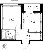 Планировка однокомнатной(квартира) площадью 38 квадратных метров в “ЖК 1-й Саларьевский (Первый Саларьевский)”