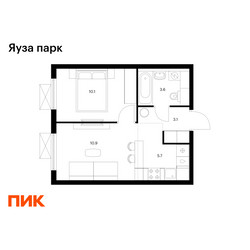 Планировка однокомнатной(квартира) площадью 33.4 квадратных метров в ЖК “ЖК Яуза Парк (Мытищи)”