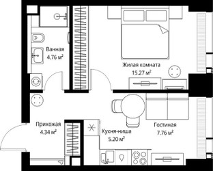 Планировка однокомнатной(квартира) площадью 37.33 квадратных метров в ЖК “ЖК Веер”