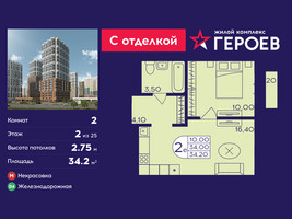 Планировка двухкомнатной(квартира) площадью 34.2 квадратных метров в “ЖК Героев”