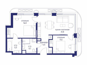 Планировка двухкомнатной(квартира) площадью 64.12 квадратных метров в ЖК “ЖК Остров”
