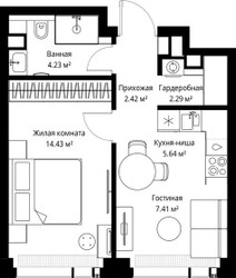 Планировка однокомнатной(квартира) площадью 36.42 квадратных метров в ЖК “ЖК Веер”