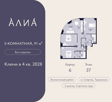 Планировка трехкомнатной(квартира) площадью 91 квадратных метров в “ЖК АЛИА”