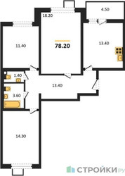 Планировка трехкомнатной(квартира) площадью 78.2 квадратных метров в ЖК “ЖК 1-й Ленинградский (Первый Ленинградский)”