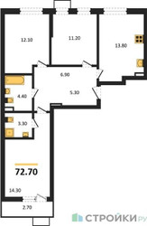 Планировка трехкомнатной(квартира) площадью 72.7 квадратных метров в ЖК “ЖК Прокшино”