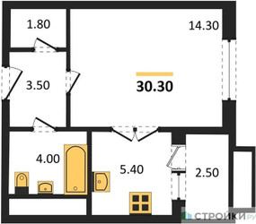 Планировка студии(квартира) площадью 30.3 квадратных метров в ЖК “ЖК Римский”