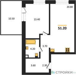Планировка однокомнатной(квартира) площадью 51.2 квадратных метров в ЖК “ЖК Шагал”