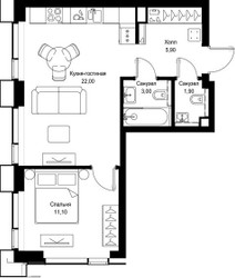 Планировка однокомнатной(квартира) площадью 43.9 квадратных метров в ЖК “Мультиквартал СИТИДЗЕН”