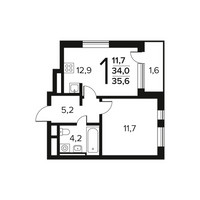 Планировка однокомнатной(квартира) площадью 35.6 квадратных метров в “Новые Ватутинки. Заречный”