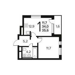 Планировка однокомнатной(квартира) площадью 35.6 квадратных метров в ЖК “Новые Ватутинки. Заречный”