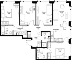 Планировка 4+ комнатной(квартира) площадью 102.56 квадратных метров в “ЖК СЕТ”