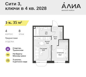 Планировка однокомнатной(квартира) площадью 35 квадратных метров в ЖК “ЖК АЛИА”