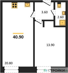Планировка однокомнатной(квартира) площадью 40.9 квадратных метров в ЖК “ЖК ЗИЛАРТ”