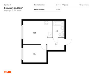 Планировка однокомнатной(квартира) площадью 36 квадратных метров в ЖК “ЖК Барклая 6”