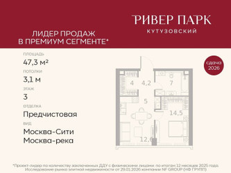 Планировка однокомнатной(квартира) площадью 47.3 квадратных метров в ЖК “ЖК Ривер Парк Кутузовский”