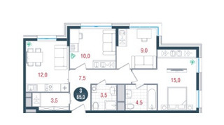 Планировка трехкомнатной(квартира) площадью 65 квадратных метров в “ЖК РУСИЧ-Кантемировский”