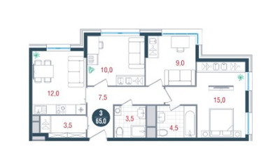 Планировка трехкомнатной(квартира) площадью 65 квадратных метров в ЖК “ЖК РУСИЧ-Кантемировский”