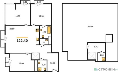 Планировка трехкомнатной(квартира) площадью 122.4 квадратных метров в ЖК “ЖК Ренессанс”