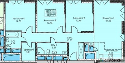 Планировка трехкомнатной(квартира) площадью 97.13 квадратных метров в ЖК “ЖК ЭВОПАРК Сокольники”