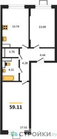 Планировка двухкомнатной(квартира) площадью 59.11 квадратных метров в “ЖК Прибрежный Парк”