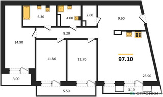 Планировка трехкомнатной(квартира) площадью 97.1 квадратных метров в “Отрада на реке”
