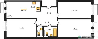 Планировка трехкомнатной(квартира) площадью 80.56 квадратных метров в “ЖК Рублевский Квартал”