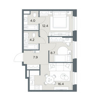 Планировка двухкомнатной(квартира) площадью 53.6 квадратных метров в “ЖК Станиславский”