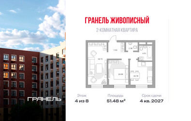 Планировка двухкомнатной(квартира) площадью 51.48 квадратных метров в ЖК “ЖК Живописный”