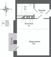 Планировка студии(квартира) площадью 31.8 квадратных метров в “ЖК КИНОКВАРТАЛ”