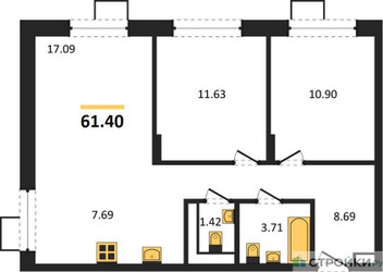 Планировка двухкомнатной(квартира) площадью 61.4 квадратных метров в ЖК “ЖК Новоград Павлино”