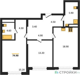 Планировка двухкомнатной(квартира) площадью 74.9 квадратных метров в ЖК “ЖК Крылатская 33”