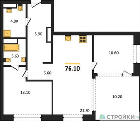 Планировка двухкомнатной(квартира) площадью 76.1 квадратных метров в ЖК “ЖК МОНС”